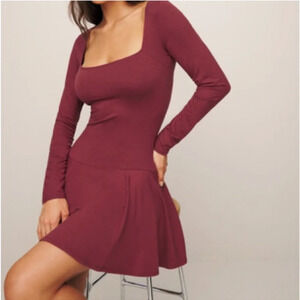 Reformation Coen Jersey Knit Long Sleeve Square Neck Dress Chianti Medium
